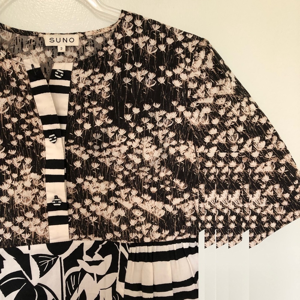 Suno Mixed Pattern Peplum Babydoll Popover Top Short Sleeve Cotton 2 - Picture 3 of 7